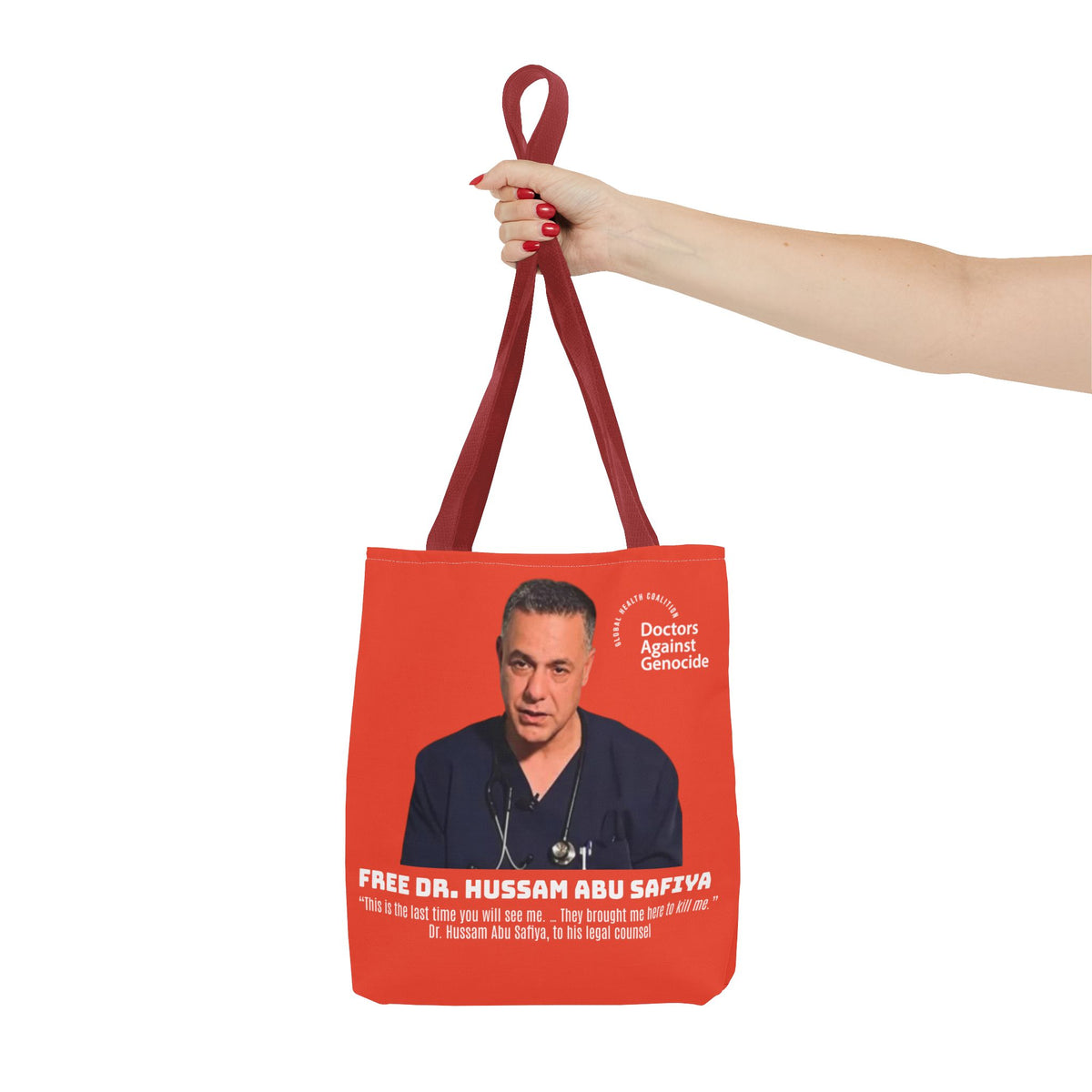 Advocacy Tote Bag – “Free Dr. Hussam Abu Safiya” QR Join DAG Design