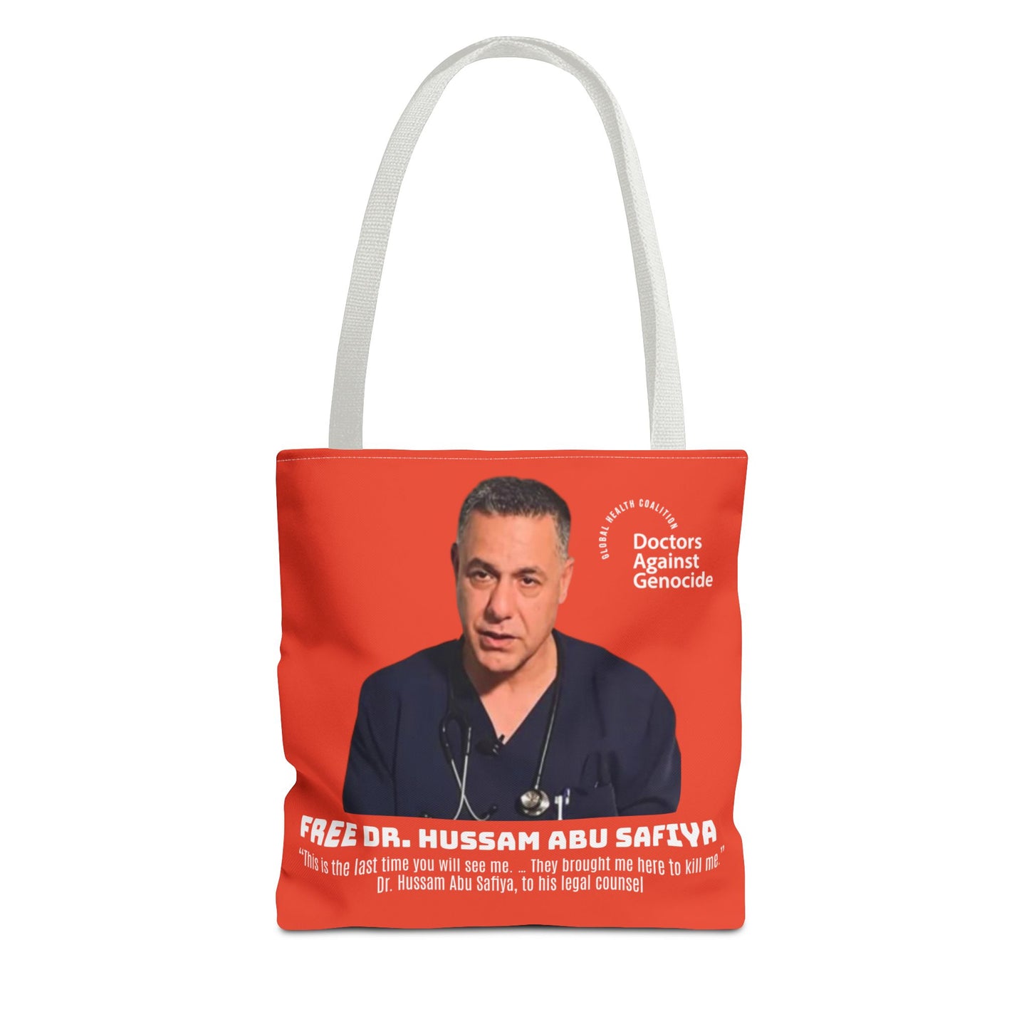 Advocacy Tote Bag – “Free Dr. Hussam Abu Safiya” QR Join DAG Design
