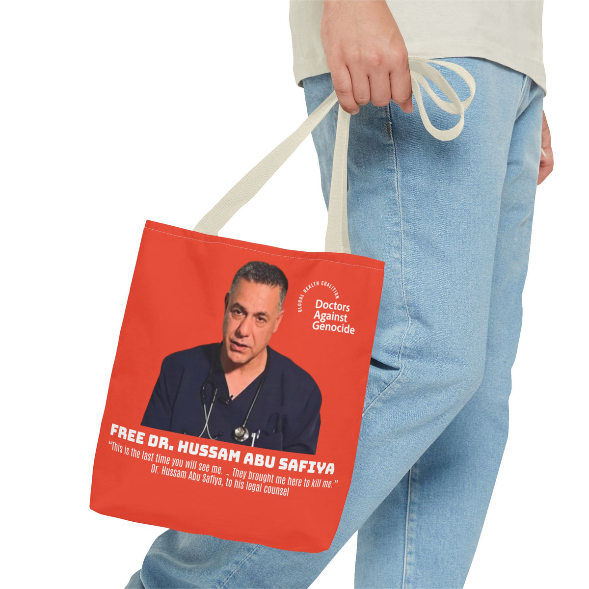 Advocacy Tote Bag – “Free Dr. Hussam Abu Safiya” QR Join DAG Design