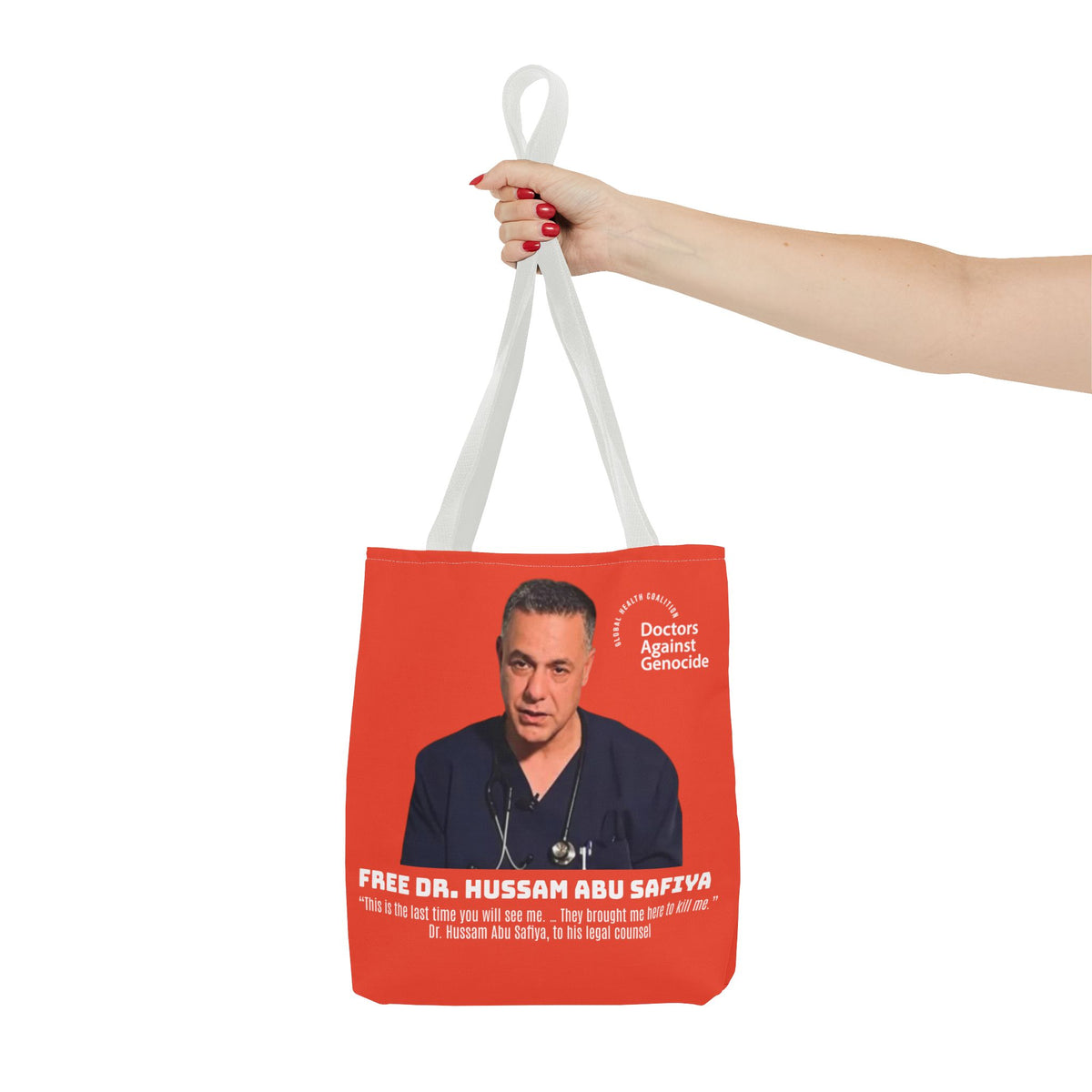 Advocacy Tote Bag – “Free Dr. Hussam Abu Safiya” QR Join DAG Design
