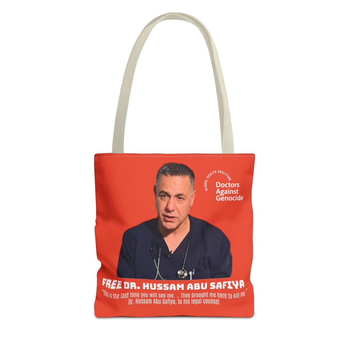 Advocacy Tote Bag – “Free Dr. Hussam Abu Safiya” QR Join DAG Design