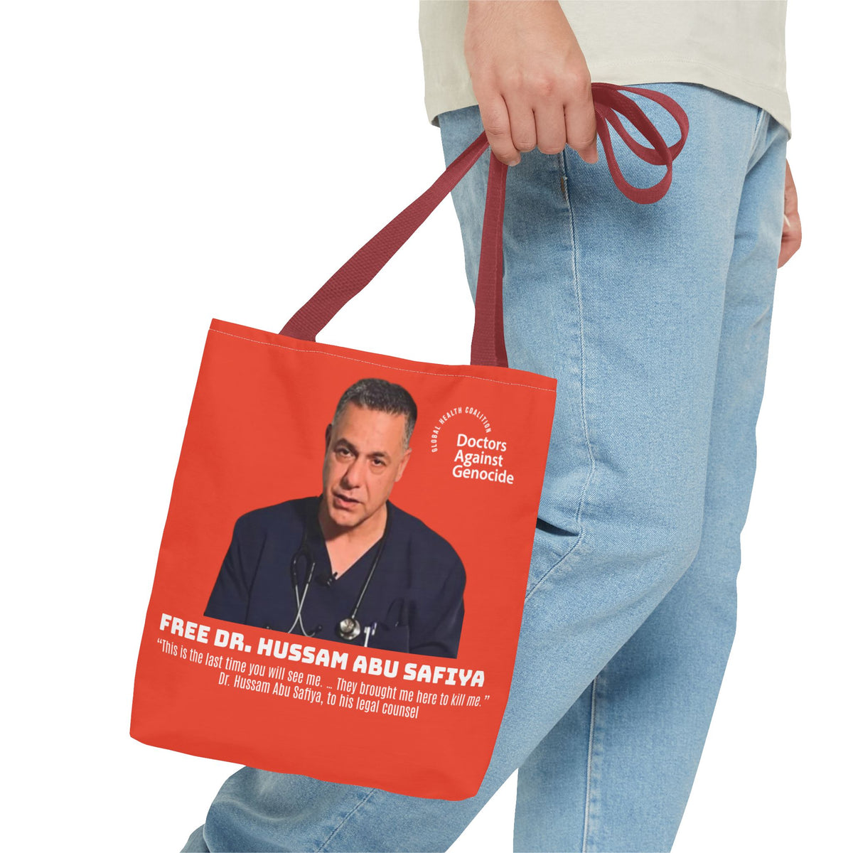 Advocacy Tote Bag – “Free Dr. Hussam Abu Safiya” QR Join DAG Design