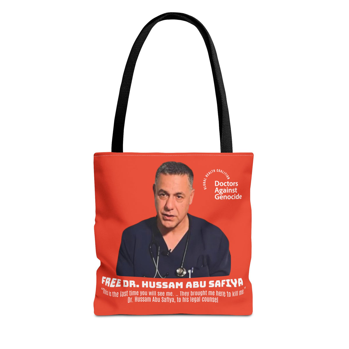 Advocacy Tote Bag – “Free Dr. Hussam Abu Safiya” QR Join DAG Design